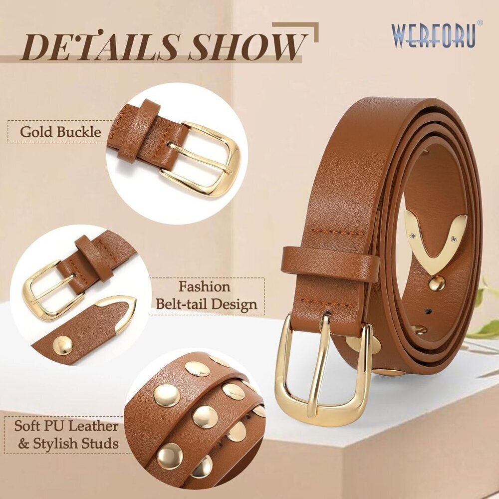 Women Leather Belt Studded Vintage Fashion Faux Leather Adjustable for Jeans - Picture 5 of 5